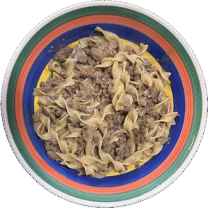 mock beef stroganoff with egg noodles