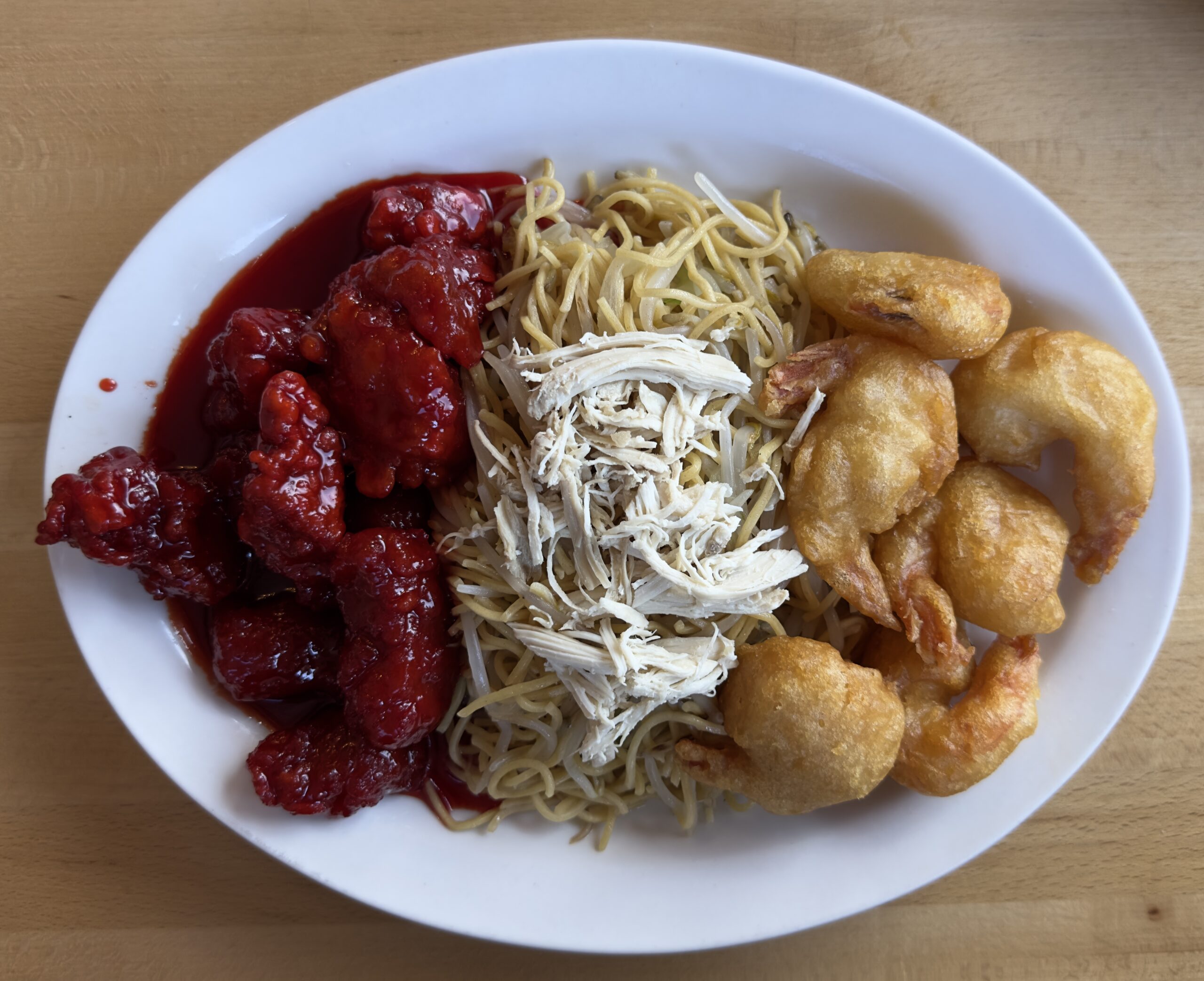 Combo 3 at Kim Wah Chinese Restaurant with chow mein, prawns, and sweet and sour pork
